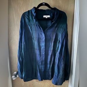 LOFT Plaid Ruffle Collar Utility Blouse